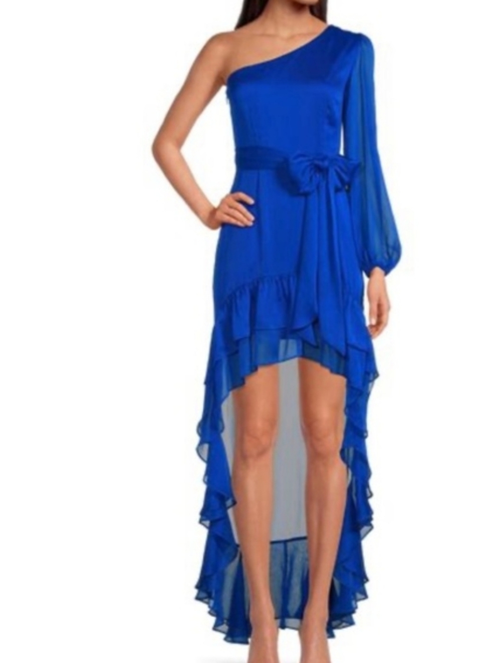 Gianni Bini Chiffon One Shoulder High Low Evening Party Zip Maxi Dress